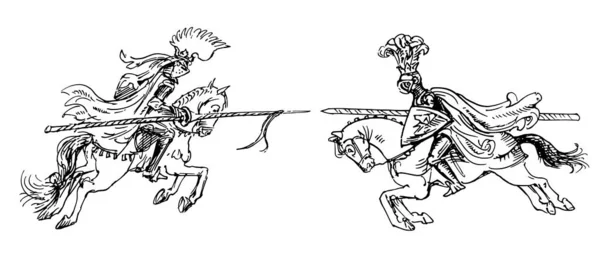 Caballeros Medievales Ilustración Dibujada Mano — Vector de stock