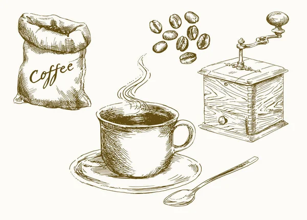 Granos Café Taza Café Molinillo Conjunto Ilustración Vectorial Dibujada Mano — Vector de stock