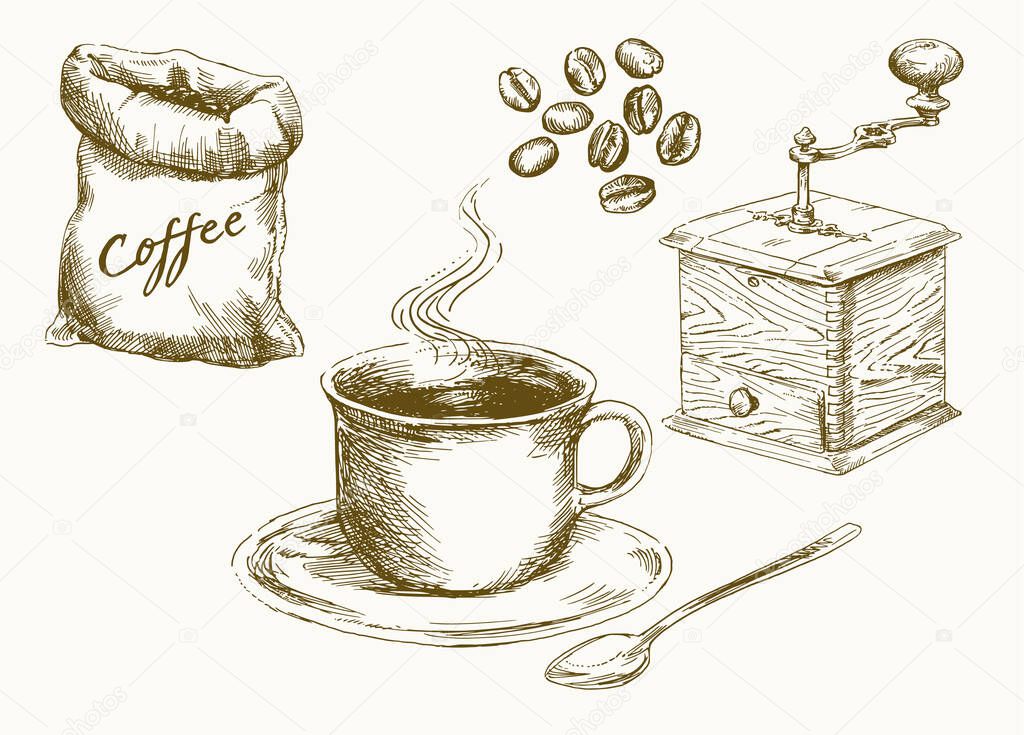 Coffee beans, cup of coffee, grinder. Set of hand drawn vector illustration.