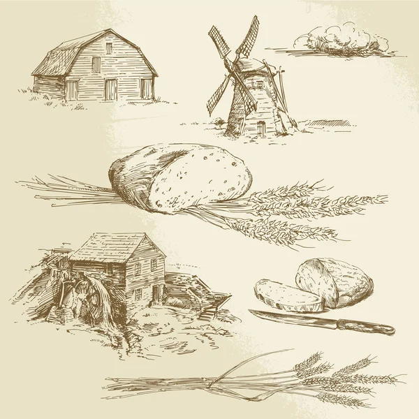 Brot, Bauernhof - handgezeichnete Illustration — Stockvektor