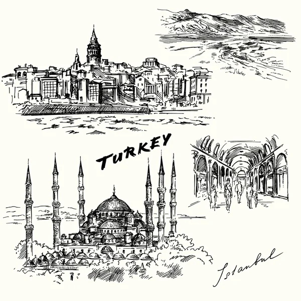 Turkiet, Istanbul - hand dras set — Stock vektor
