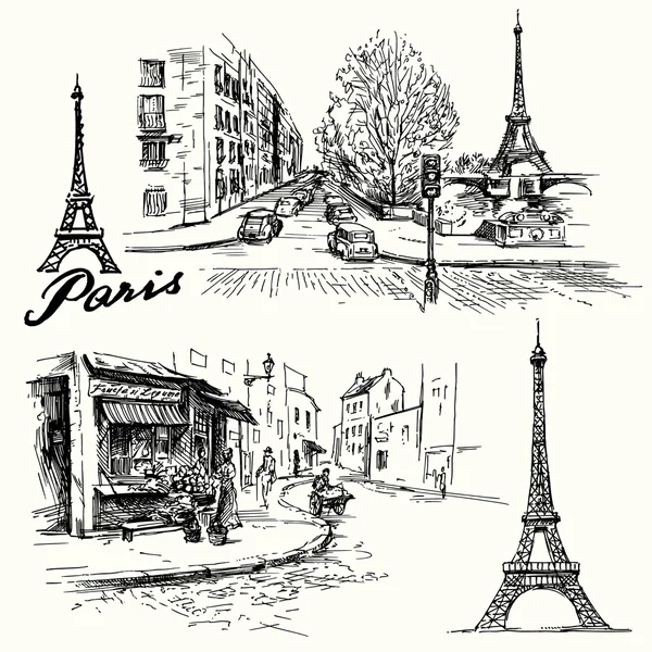 Francia, París - Torre Eiffel - conjunto dibujado a mano — Vector de stock