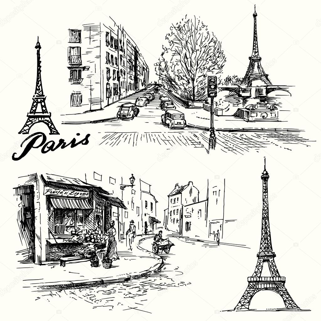 France, Paris - Eiffel tower - hand drawn set