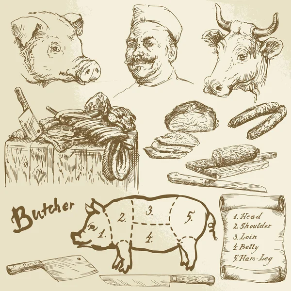 Carne, carnicero - colección dibujada a mano — Archivo Imágenes Vectoriales