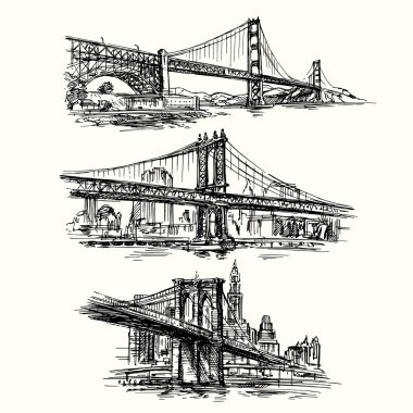 famous bridges - hand drawn set clipart