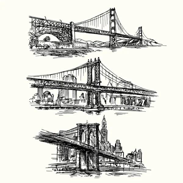Famous bridges - hand drawn set — Stock Vector