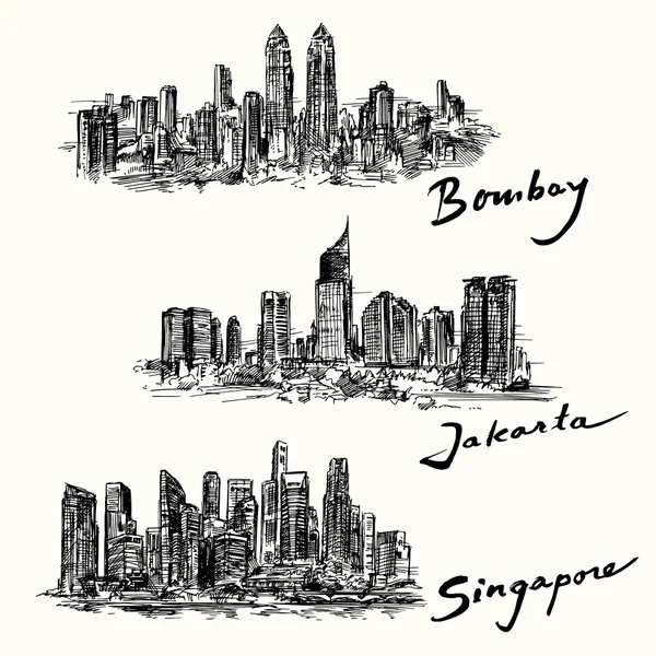 孟买、 雅加达、 新加坡天际线 — 图库矢量图片