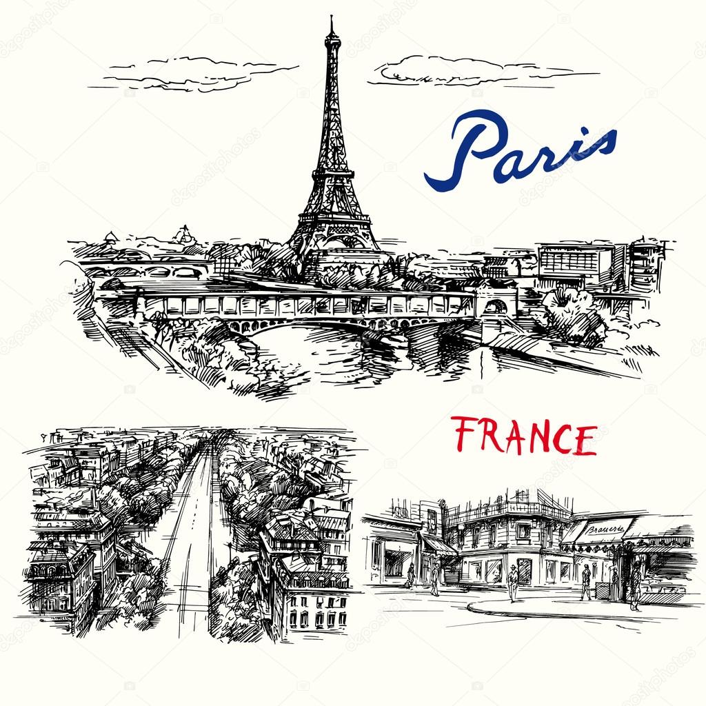 France, Paris, Eiffel tower - hand drawn vector collection