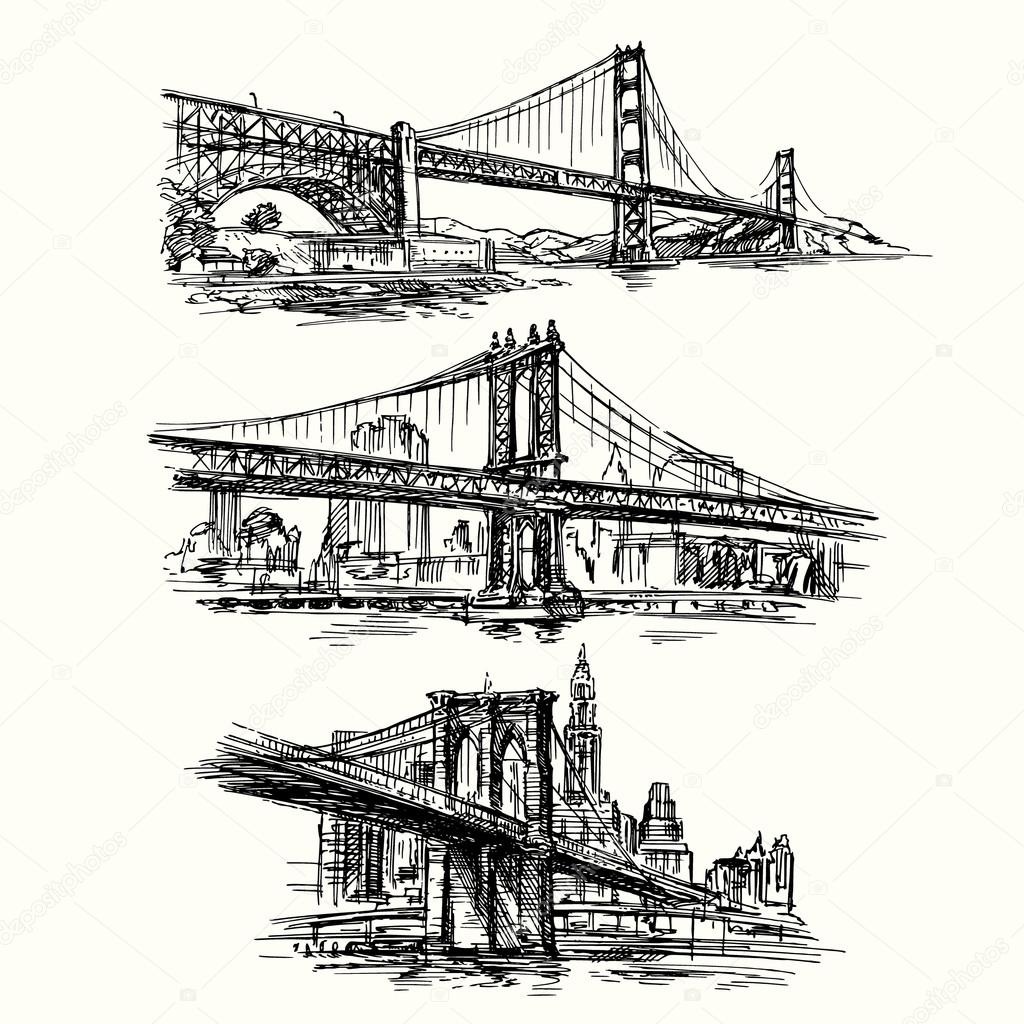 famous bridges - hand drawn set