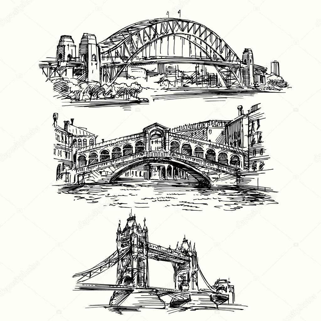 famous bridges - hand drawn set