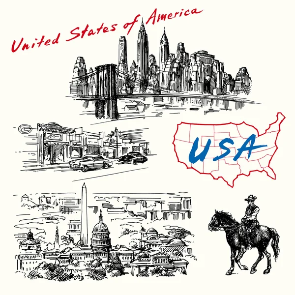 Estados Unidos, Nueva York, Washington - colección dibujada a mano — Vector de stock