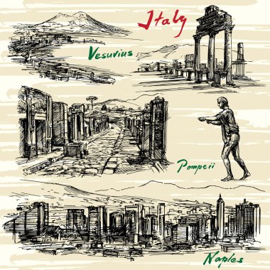 Italy- Naples, Pompeii - hand drawn set clipart