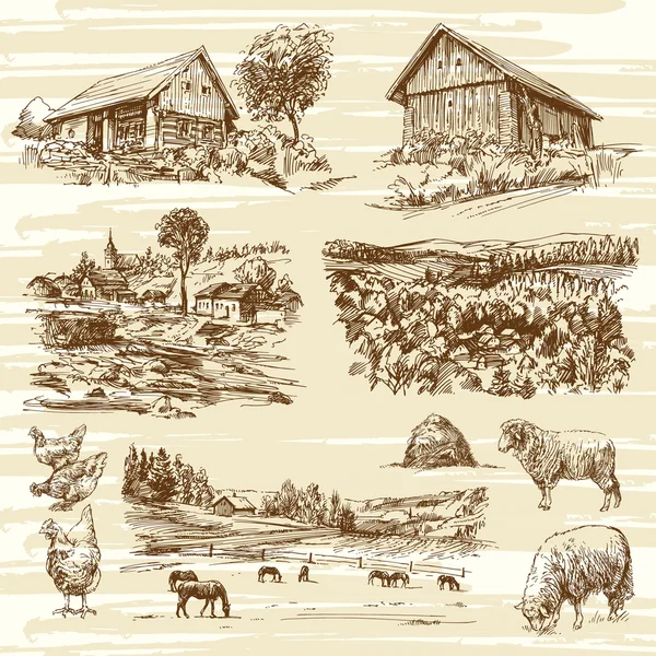 Paisagem rural e casas - coleção desenhada à mão — Vetor de Stock