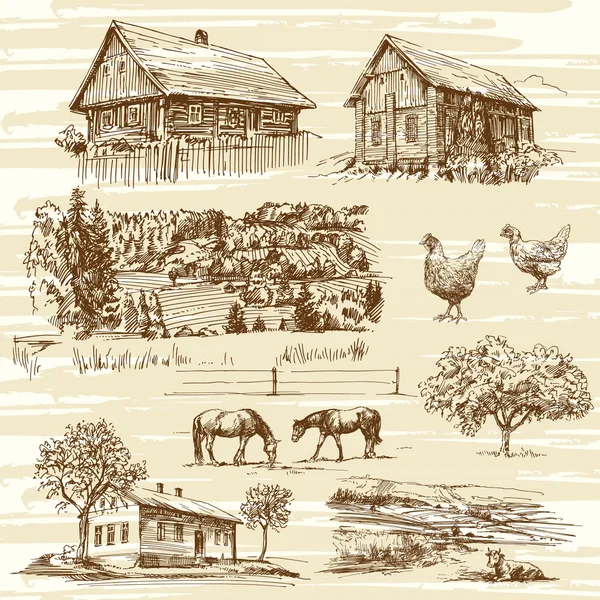 Rurale landschap en huizen - hand getrokken collectie — Stockvector