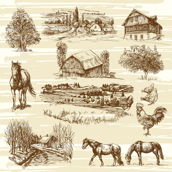 Paysage rural et maisons - collection dessinée à la main — Image vectorielle