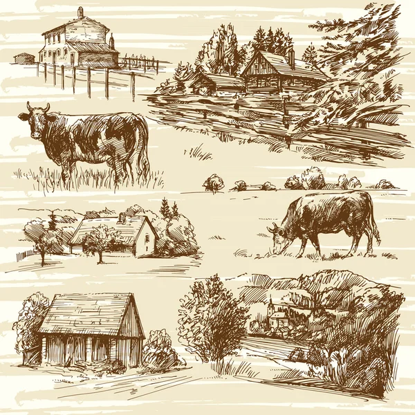 Fazenda, vacas, paisagem rural - conjunto desenhado à mão — Vetor de Stock