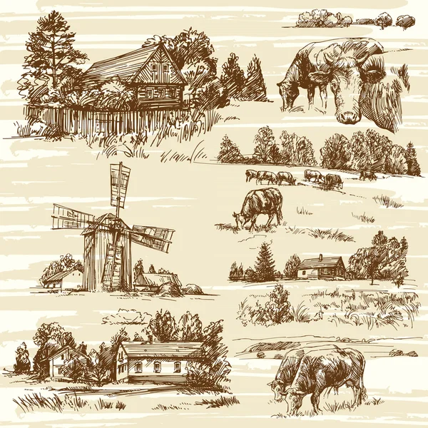 Ferme, vaches, paysage rural - ensemble dessiné à la main — Image vectorielle