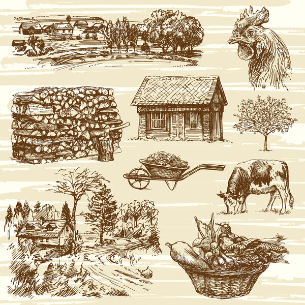 farm, harvest, rural landscape - hand drawn set