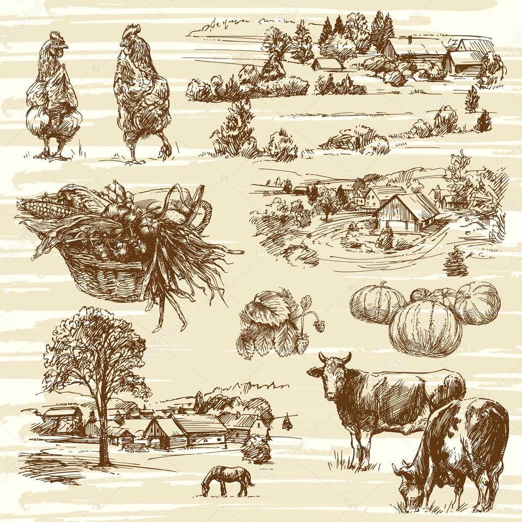 farm, harvest, rural landscape - hand drawn set