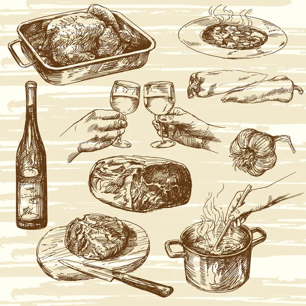 調理のプロセス。手描きの背景イラスト. — ストックベクタ