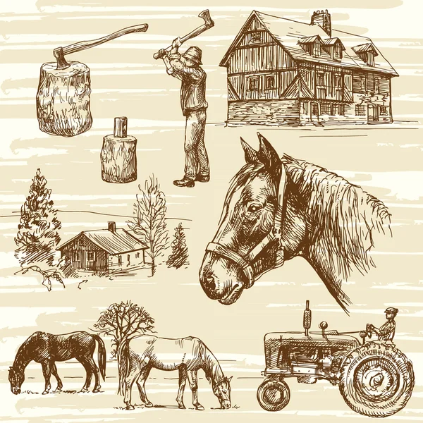 Ferme et chevaux - ensemble dessiné à la main — Image vectorielle