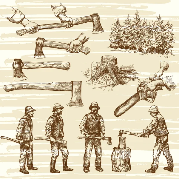 Bûcherons, coupe du bois - collection dessinée à la main — Image vectorielle