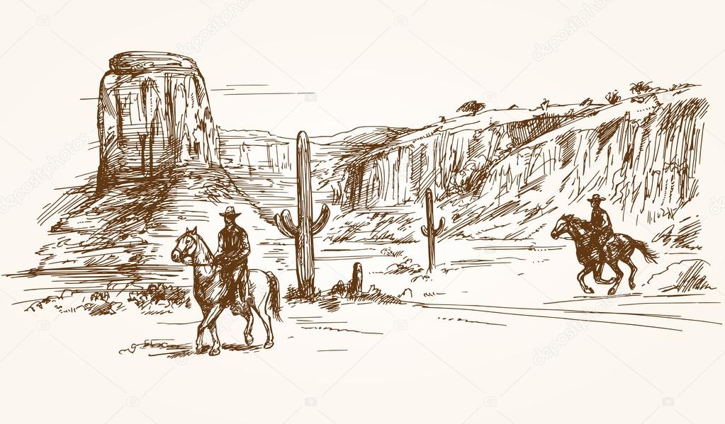 American wild west desert with cowboys - hand drawn illustration