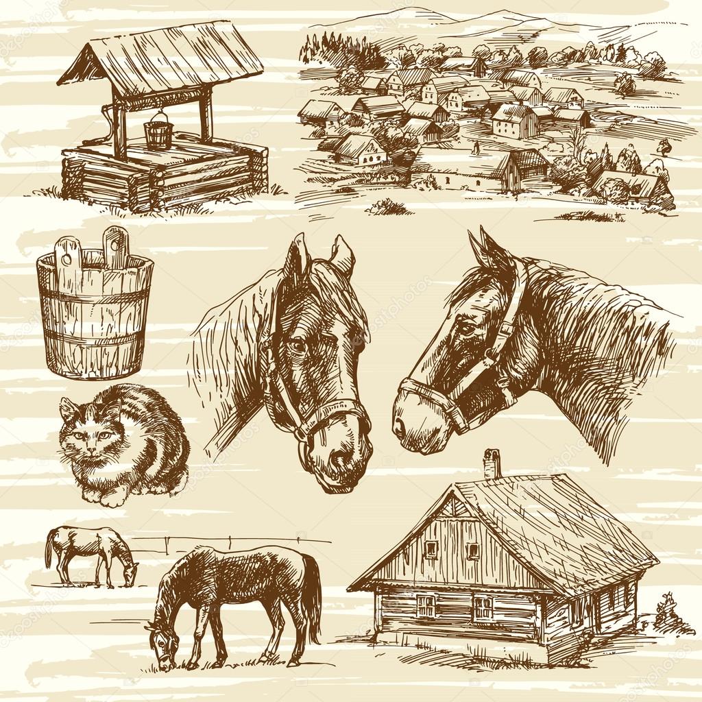 Farm and horses - hand drawn set