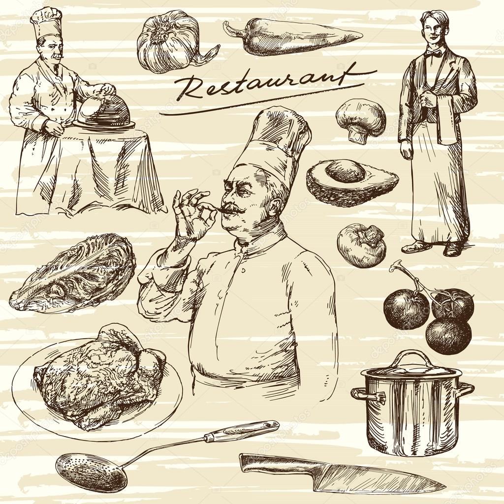 Hand drawn illustration.Food preparation. Chef portrait.