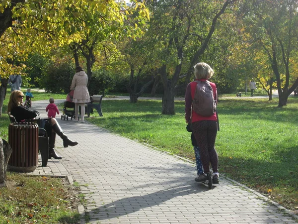 Jesienią. Ludzie chodzą po parku w słoneczny dzień. — Zdjęcie stockowe