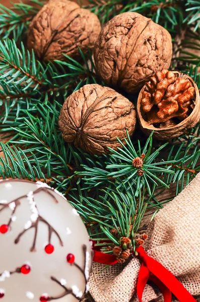 Kerstmis en Nieuwjaar tafeldecoratie met walnoten — Stockfoto