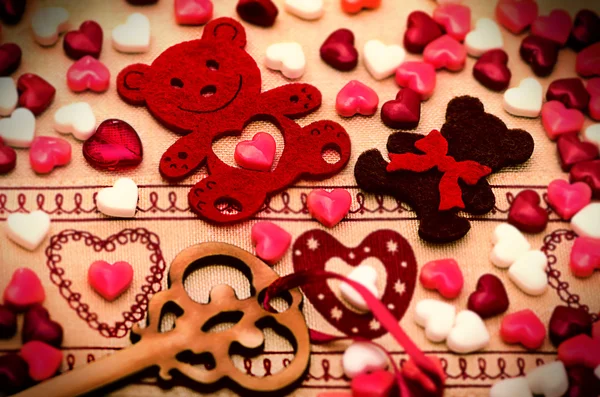 San Valentino Decorazione, orso, cuore, chiave, caramella — Foto Stock