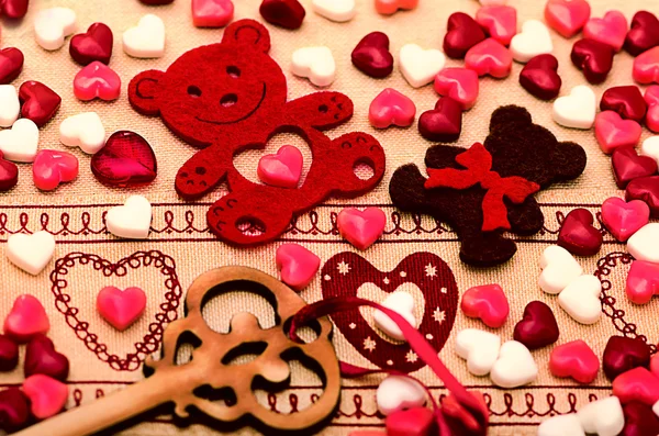San Valentino Decorazione, orso, cuore, chiave, caramella — Foto Stock