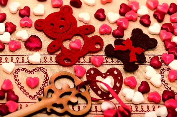 San Valentino Decorazione, orso, cuore, chiave, caramella — Foto Stock