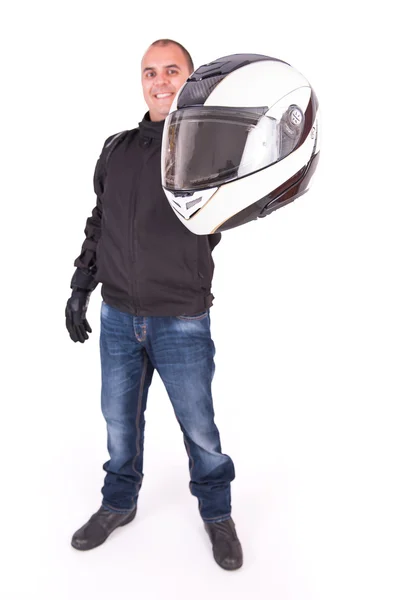Байкер предлагает свой шлем — стоковое фото