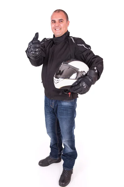 Biker holding his helmet Stock Photo