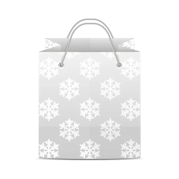 Kar taneleri üzerinde beyaz bir ba izole bir deseni ile alışveriş çantası — Stok Vektör