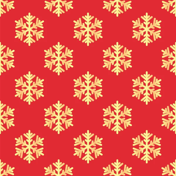 Modello senza cuciture di Natale con fiocchi di neve d'oro sul backgroun rosso — Vettoriale Stock