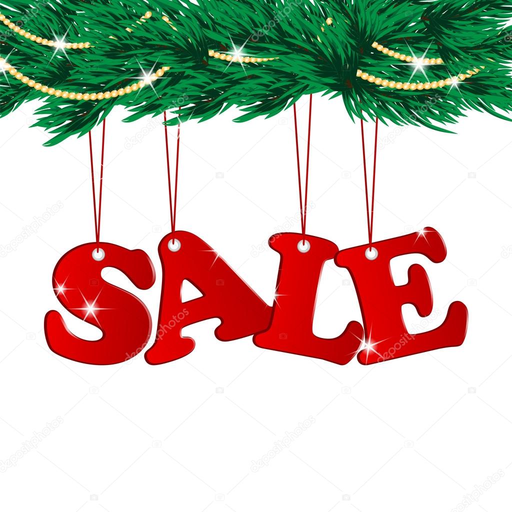 Christmas Sale Tags and Christmas tree with decorations Stock ...