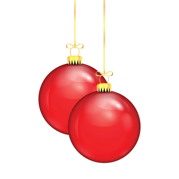 Dos bolas rojas de Navidad en una cinta de oro aislada en el respaldo blanco — Vector de stock