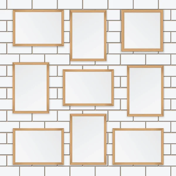 Set of  wooden frames isolated on the wall of white brick — Stock Vector