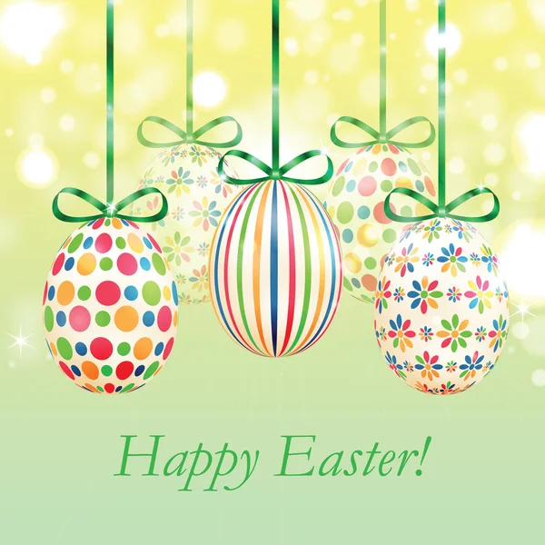 Conjunto de coloridos huevos de Pascua con cintas verdes — Archivo Imágenes Vectoriales