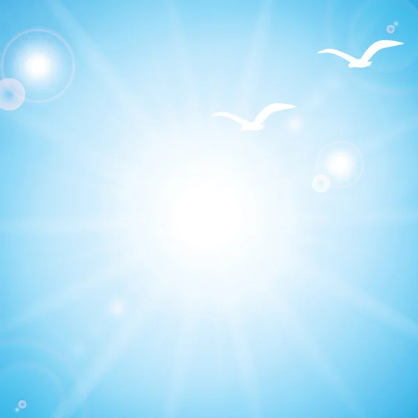 Cielo azul con sol y pájaros — Vector de stock