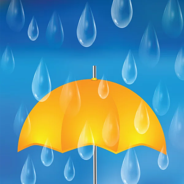 Yellow umbrella and raindrops — Stock Vector