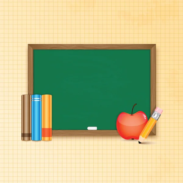 Schoolbestuur en boeken, potlood en apple — Stockvector