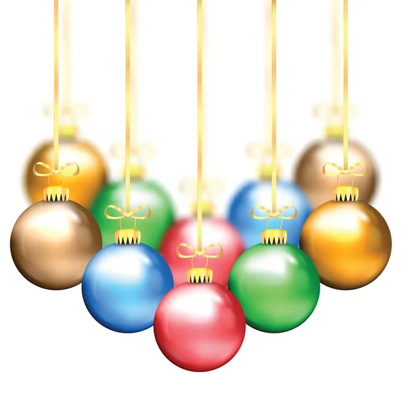 Bolas de Navidad coloridas en una cinta de oro — Vector de stock