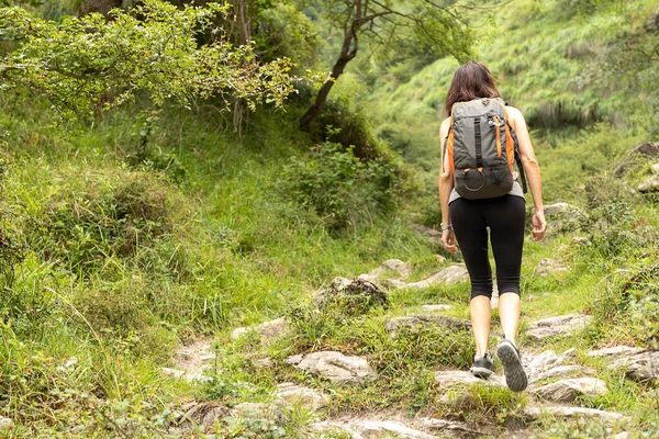 Woman Walking Bush Black Leggings Backpack Her Back — Stock Photo, Image