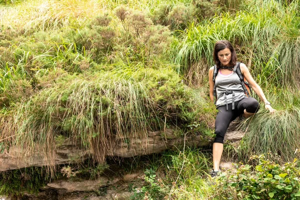 緑の谷を通ってビザカヤ州の忘却の源にトレッキングする女性 — ストック写真