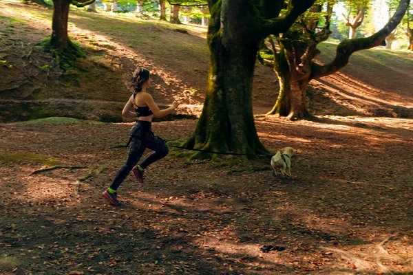 Jonge Vrouw Rennen Door Het Bos Met Een Hond Een — Stockfoto