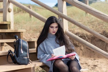 Uzun saçlı esmer kadın, yün elbiseli, kumsalda tahta merdivenlerde oturmuş pembe bir kitap okuyor.